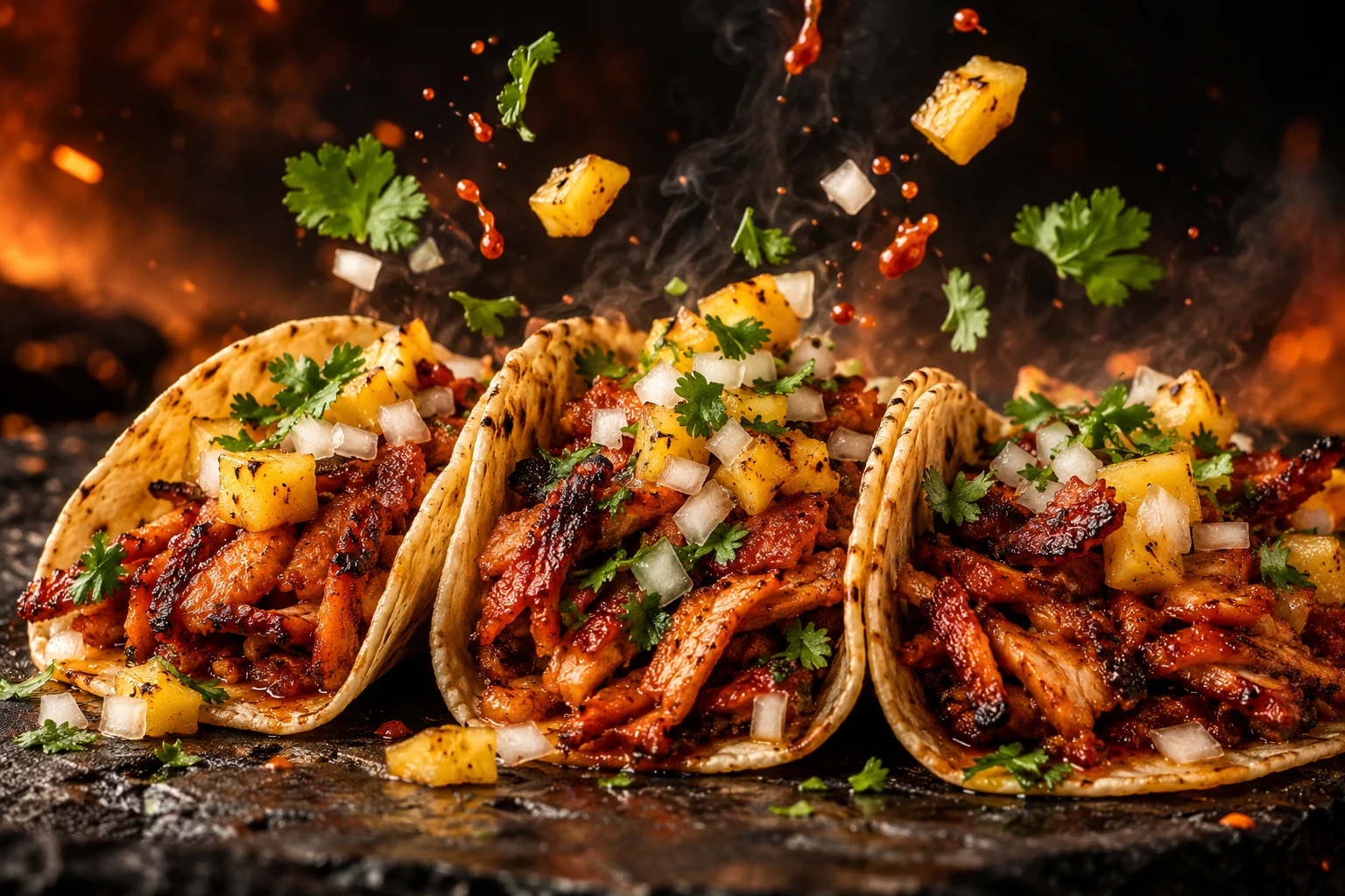 Composición publicitaria de tacos al pastor con piña, cilantro y salsa en movimiento